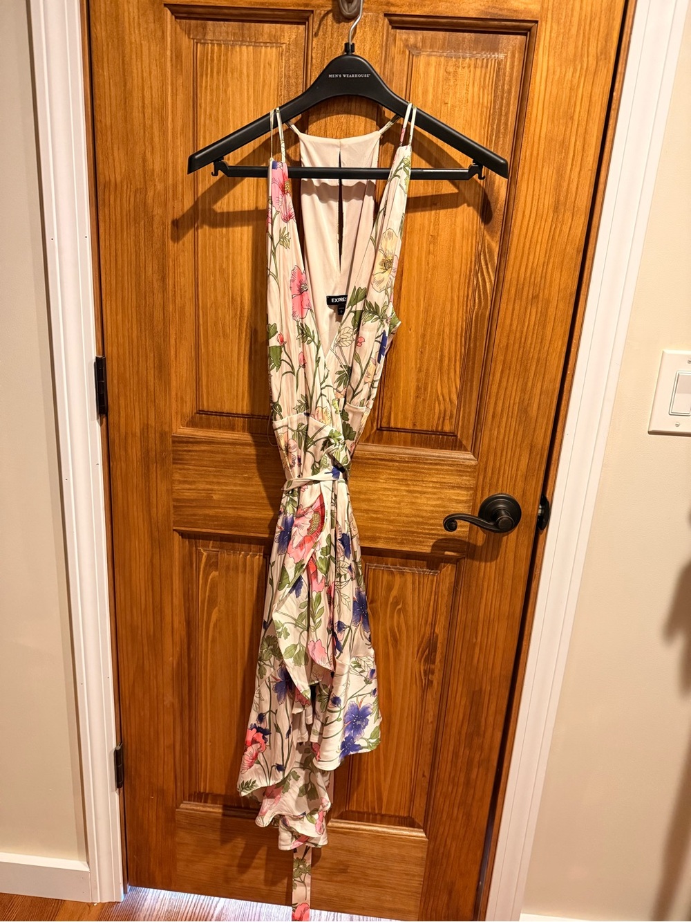 Express Floral Wrap High-Low Dress in Cream with Pink & Blue Accents